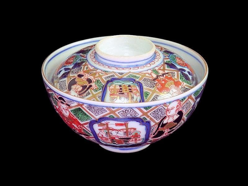 大聖寺伊万里　金襴手　五艘船に南蛮人の図　蓋茶碗　F318AS-CXy