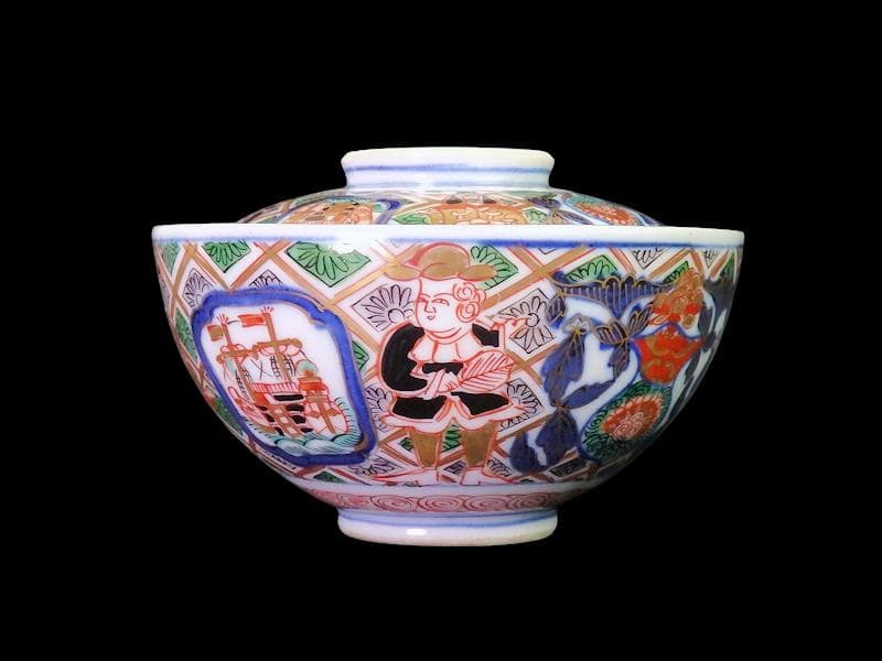 大聖寺伊万里　金襴手　五艘船に南蛮人の図　蓋茶碗　F318AS-CXy