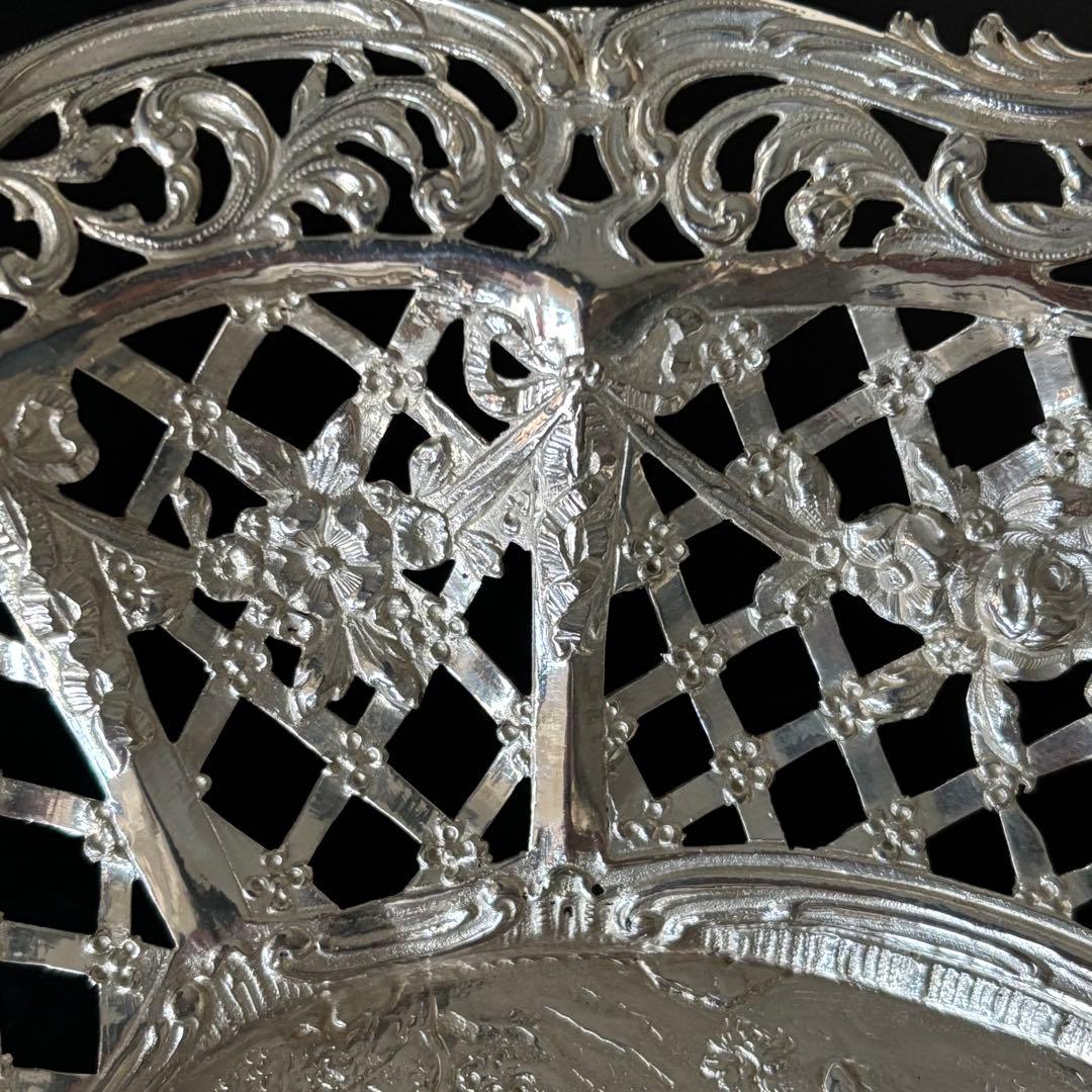 ドイツ製　アンティークシルバー　バスケット　ピアス細工　ロココ　リボン　天使