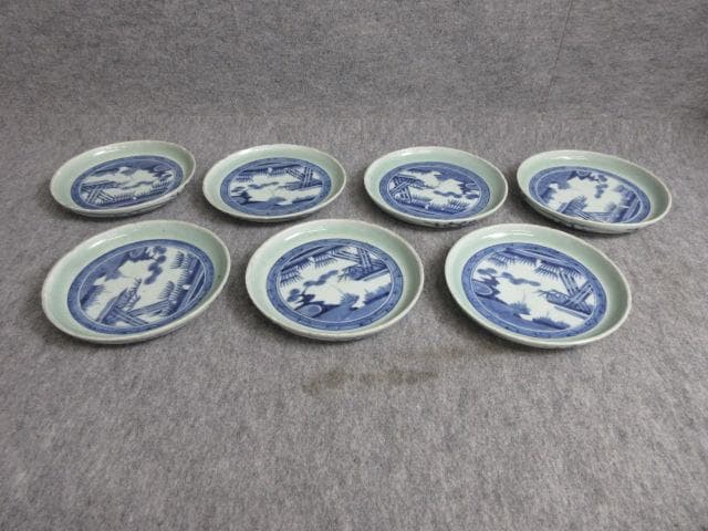 古伊万里冨貴長春青磁染付松竹梅図焼物皿7枚 [B27959]