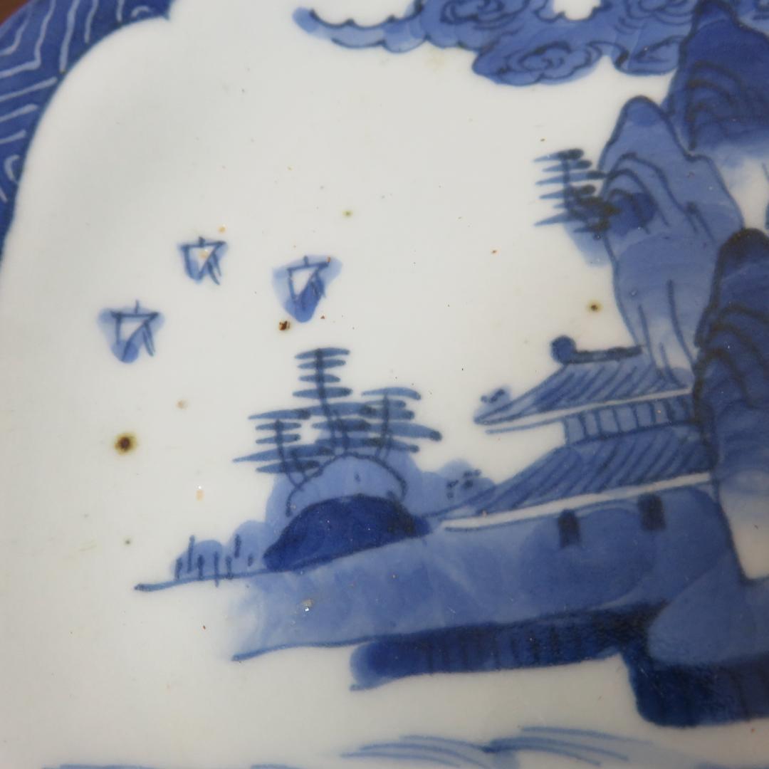角皿 染付 8枚 山水 江戸 雲 民家 船 変形皿 合箱あり