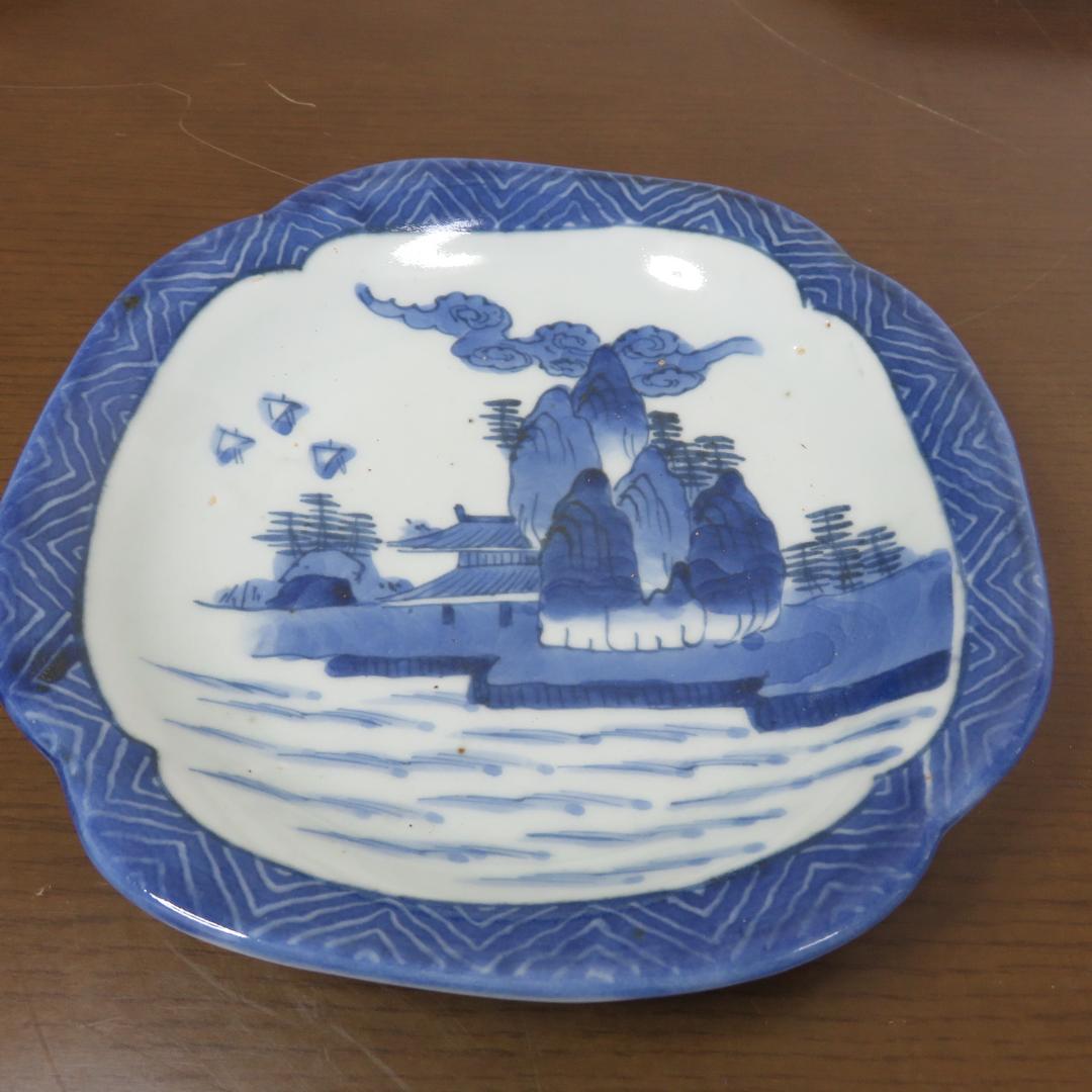 角皿 染付 8枚 山水 江戸 雲 民家 船 変形皿 合箱あり
