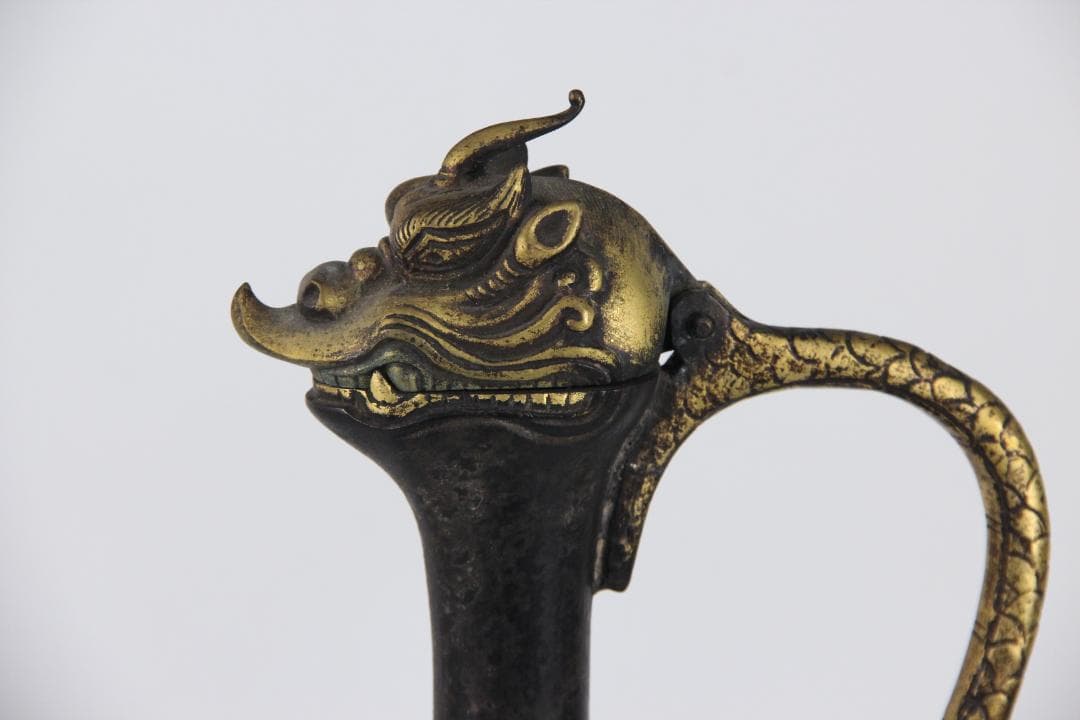 古美術 古銅 鍍金 竜首 水瓶 胡瓶 浄瓶 国宝法隆寺献納御物写 ED11-28