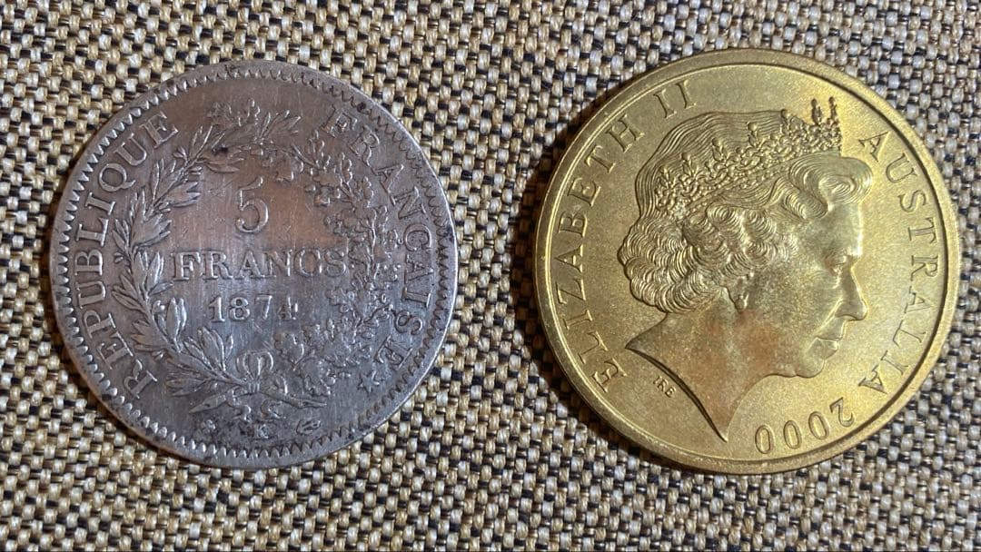 フランス1874年 ヘラクレス5フラン大型銀貨 + シドニーオリンピック記念硬貨