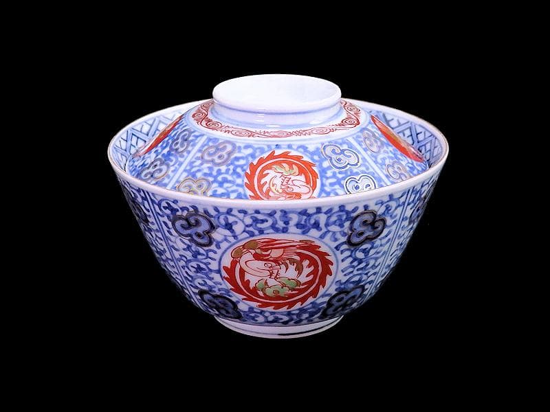 大聖寺伊万里　染錦　鳳凰に唐人　唐草の図　蓋茶碗　２客　A121AS-fbmj