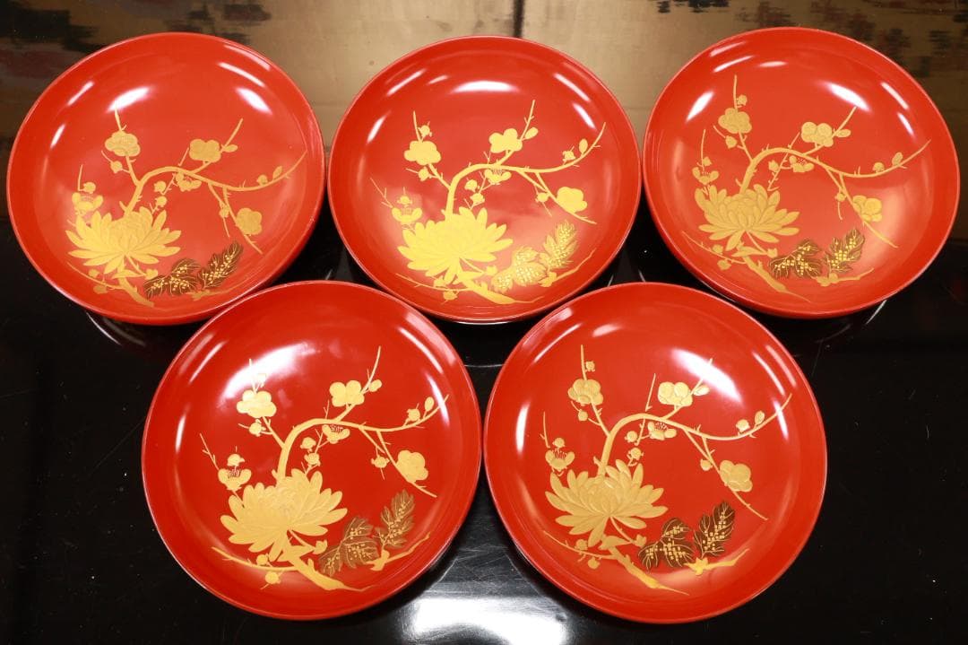 BJ120a　時代輪島塗　四君子図蒔絵　吸物椀　五客　木製　茶道具 懐石 菓子