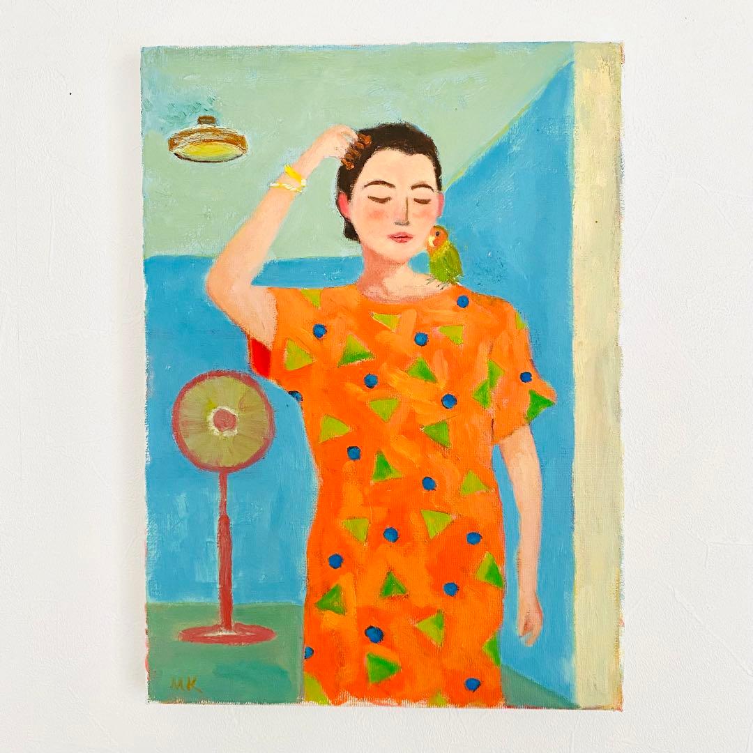 女性とコザクラインコ F4 油彩画 絵画