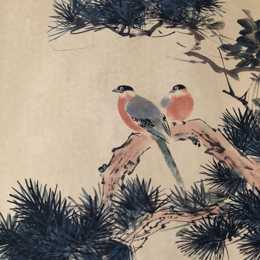 掛け軸 花鳥画 三尺中堂 颜伯龙 棲松有伴 中国美術 松鳥 吉祥図