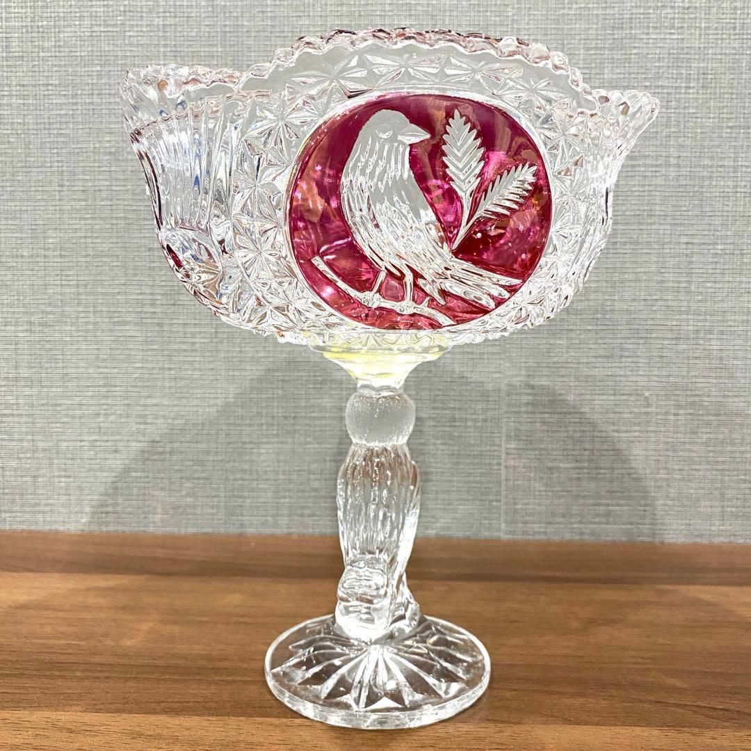 【HOFBAUER】 ホフバウワークリスタルガラス赤い装飾 鳥の彫刻　ドイツ製