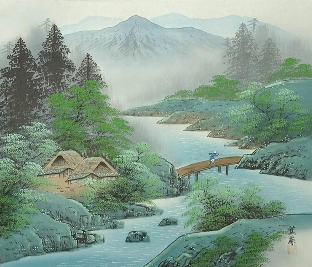 【真作】掛軸 小野蕉麗『山邨風趣』絹本 肉筆 共箱付 掛け軸 w032622