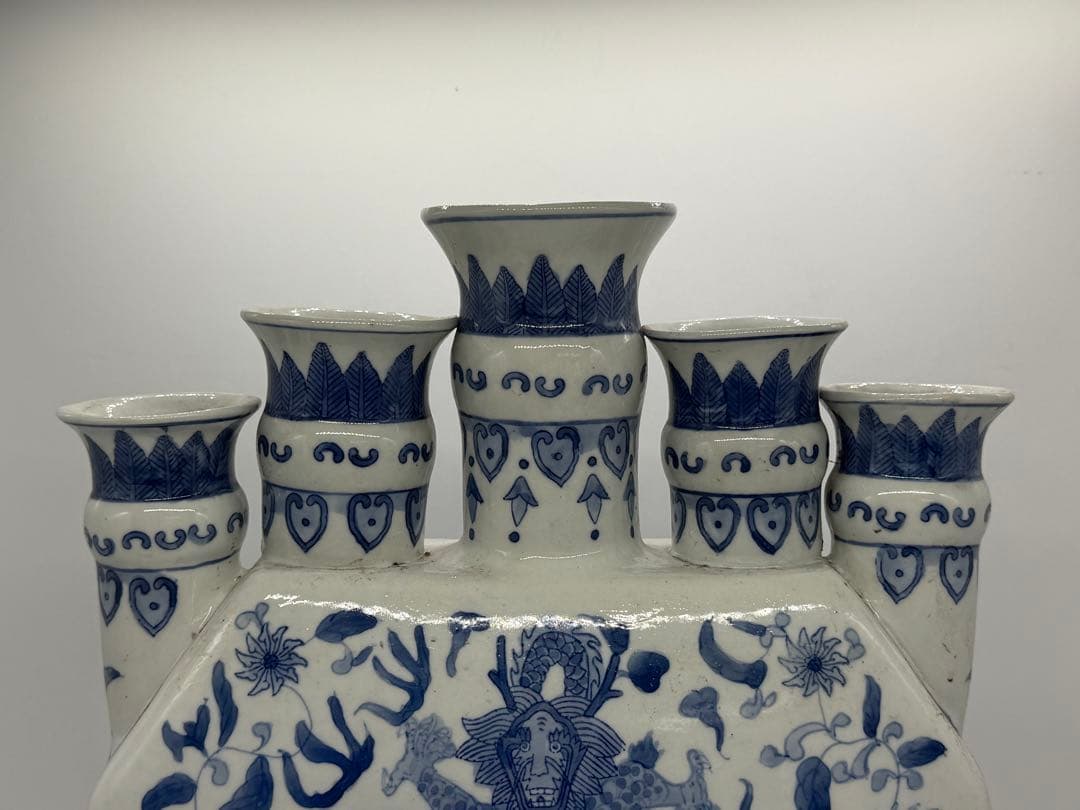 中国　染付　龍紋五管瓶　送料込み