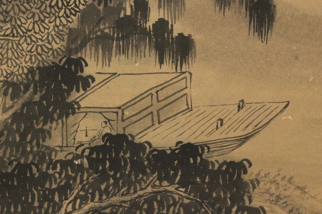 No5614 掛軸　在銘　啓祥　楓橋夜泊　画賛　紙本　中国画　山水　送料無料