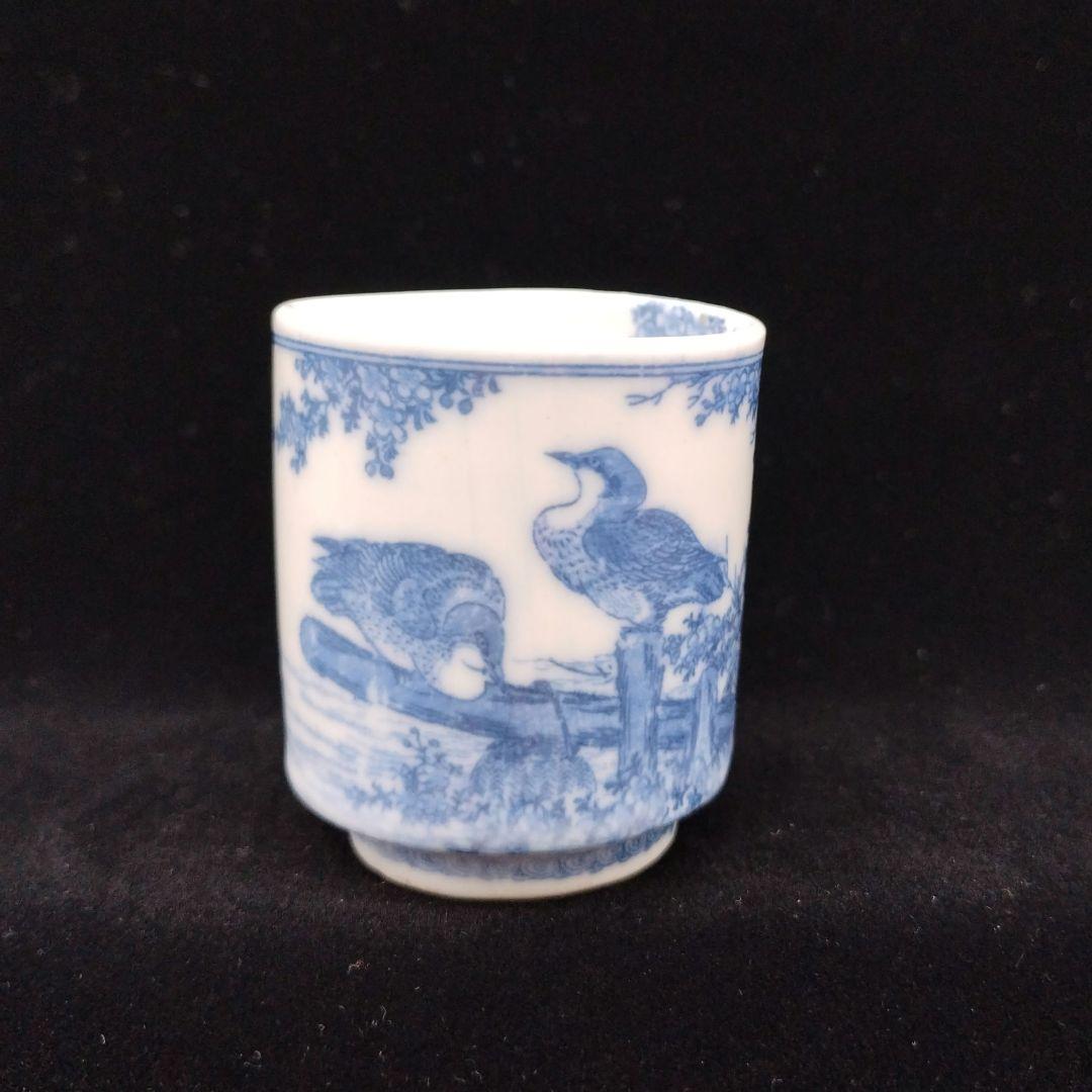 古伊万里　銅板摺印判　覗き猪口　水草に鳥図　明治時代　珍品