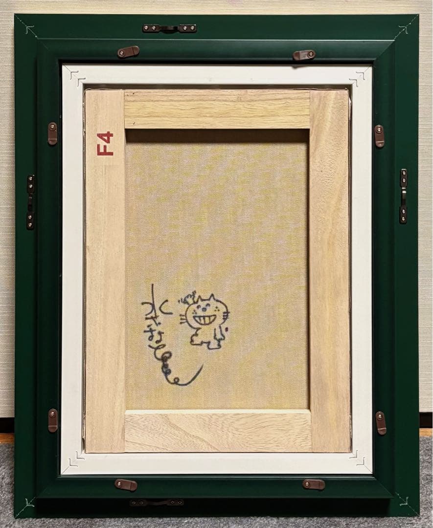【F4号】手描き油彩画　水森亜土　額縁　未使用額　サイン　絵画　女の子　猫　人気