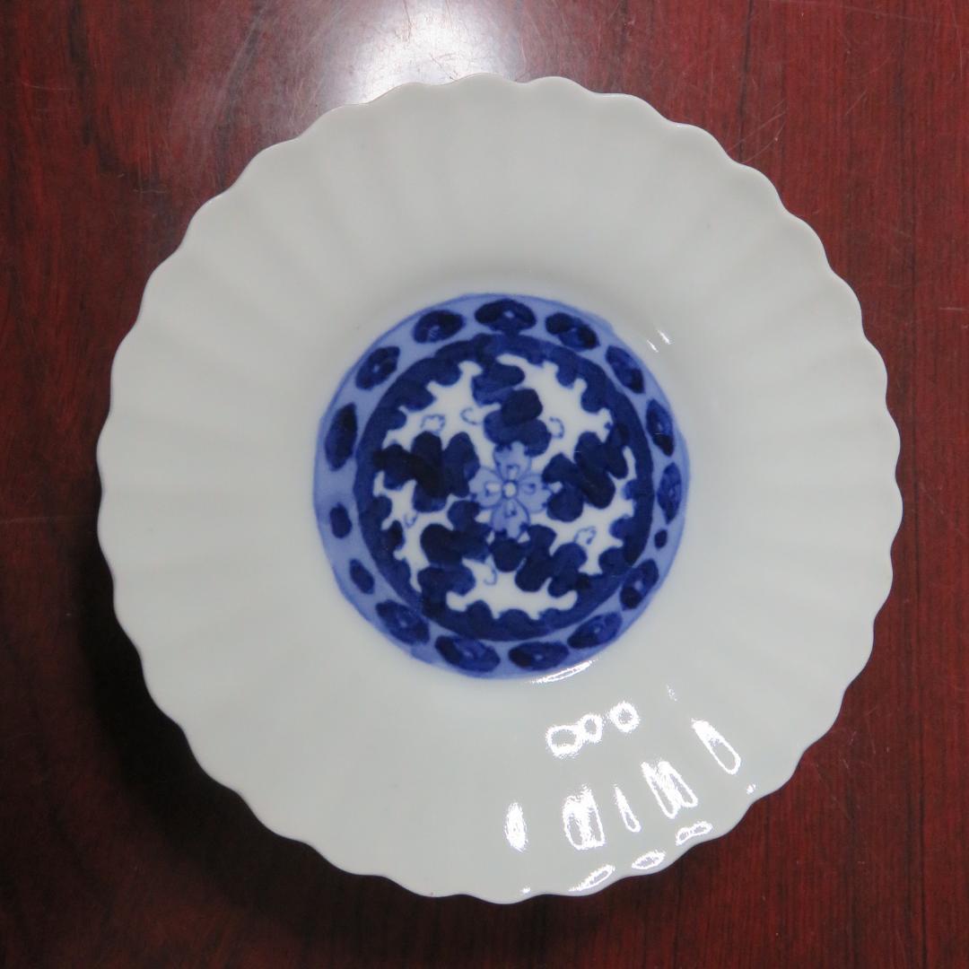 小皿 5枚 白磁器 染付 花形 菊型 花弁縁 古伊万里 江戸 明治