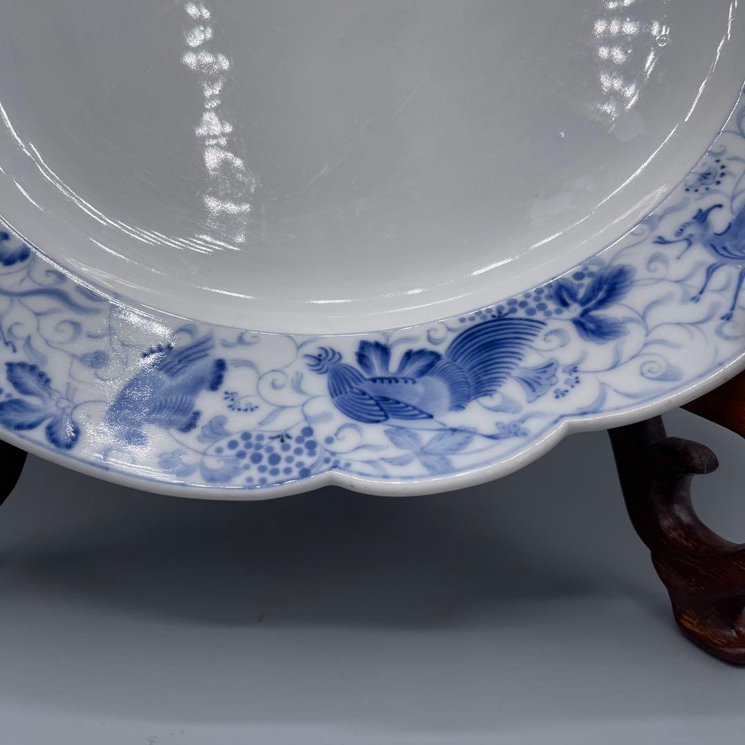 希少　幻の明治伊万里　精磁会社謹製　染付霊獣文ディナー大皿　金継ぎ有り