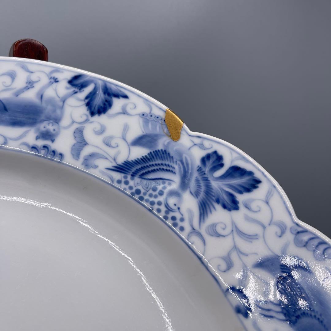 希少　幻の明治伊万里　精磁会社謹製　染付霊獣文ディナー大皿　金継ぎ有り