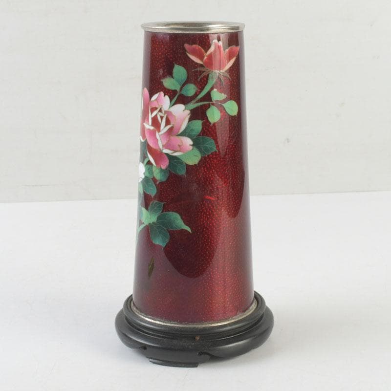 七宝焼　赤透釉　花文　花瓶　唐木台付　共箱　V　9731