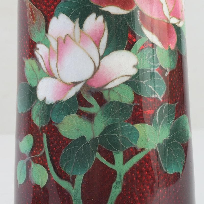 七宝焼　赤透釉　花文　花瓶　唐木台付　共箱　V　9731