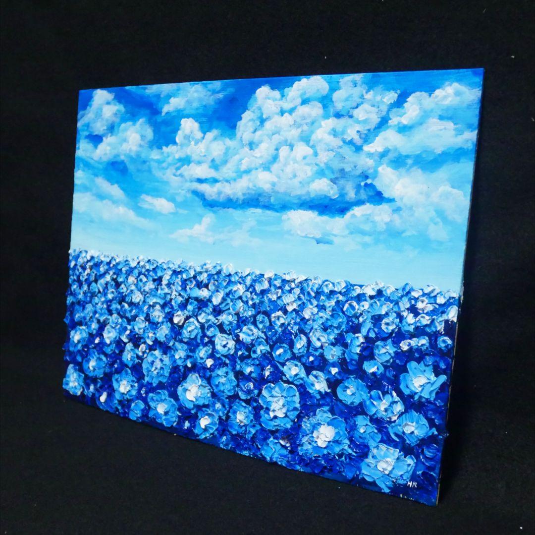 油絵 油彩 油彩画 絵 絵画【青空と雲のネモフィラ】