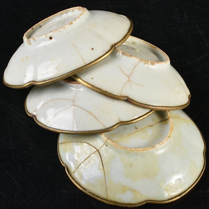 中国　徳化窯　白磁　銅覆輪　輪花皿　四客　V　R7320