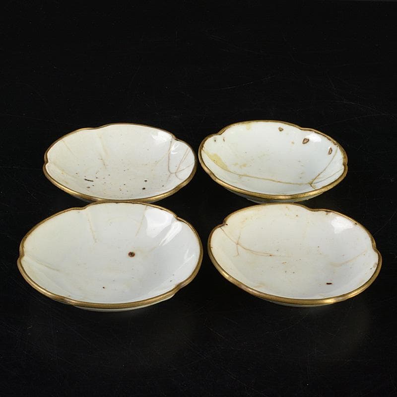 中国　徳化窯　白磁　銅覆輪　輪花皿　四客　V　R7320