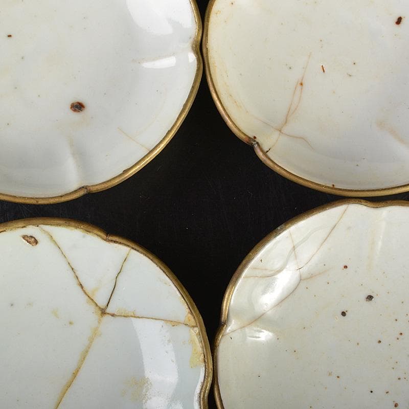 中国　徳化窯　白磁　銅覆輪　輪花皿　四客　V　R7320