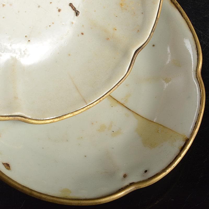 中国　徳化窯　白磁　銅覆輪　輪花皿　四客　V　R7320