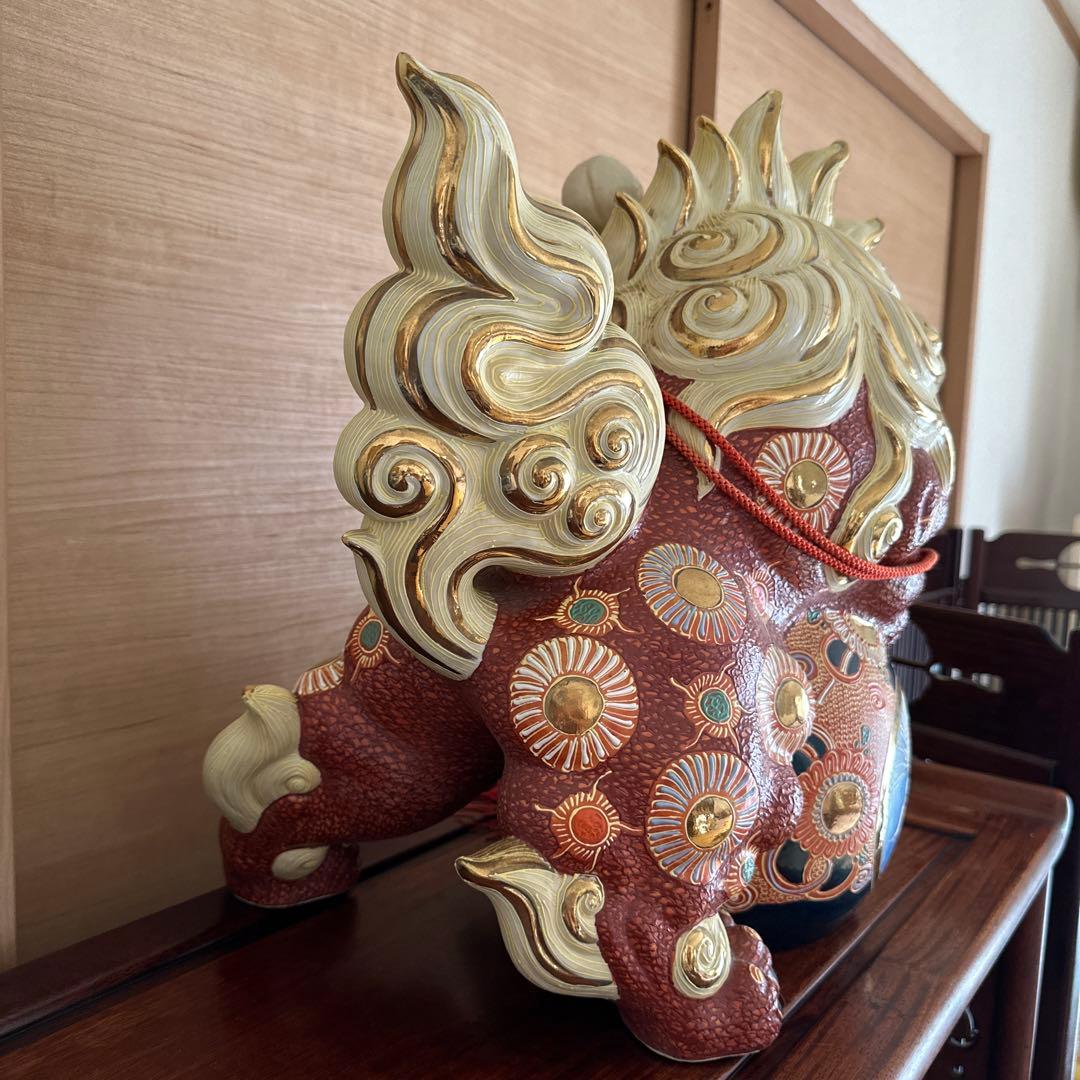 希少　九谷焼　金彩盛絵玉乗り獅子　風水　開運　特大陶器　置物　日本陶芸伝統品