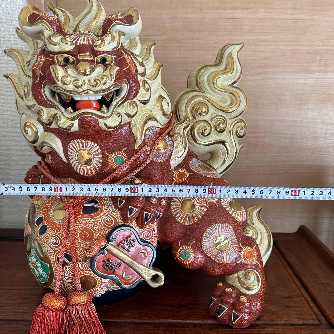 希少　九谷焼　金彩盛絵玉乗り獅子　風水　開運　特大陶器　置物　日本陶芸伝統品
