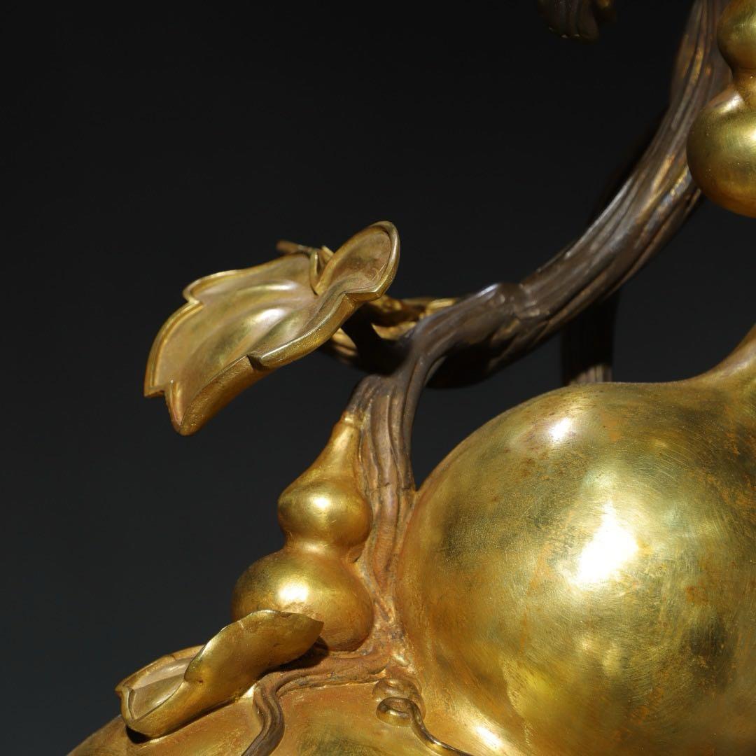 旧蔵　巨大純銅製金メッキ　葫蘆　ふくろう細工彫刻　置物　供奉 供養 インテリア