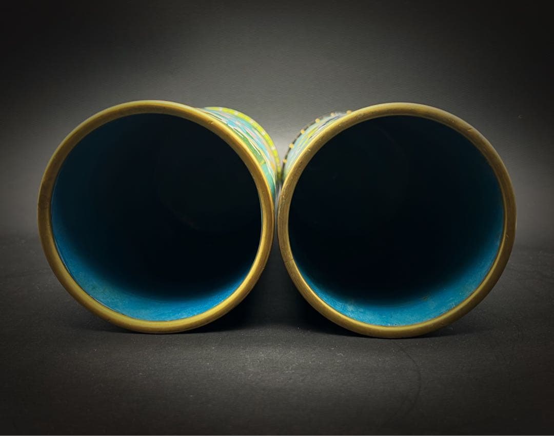 中國美術 古玩 七宝焼 景泰蓝 置物 寶相花紋樣帽筒2点