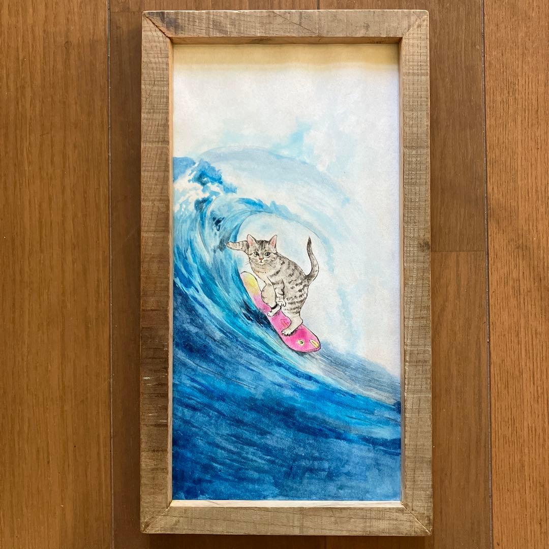猫　サーフィン　サバトラ　とら猫　サーファー猫　夏　日本画　絵画　原画　海
