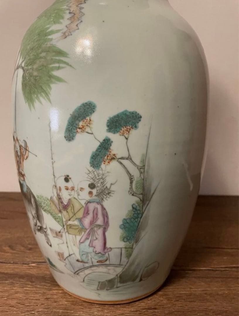 中国古美術 清末民国時代　豆青釉浅降彩大花瓶42cm　漁樵耕読