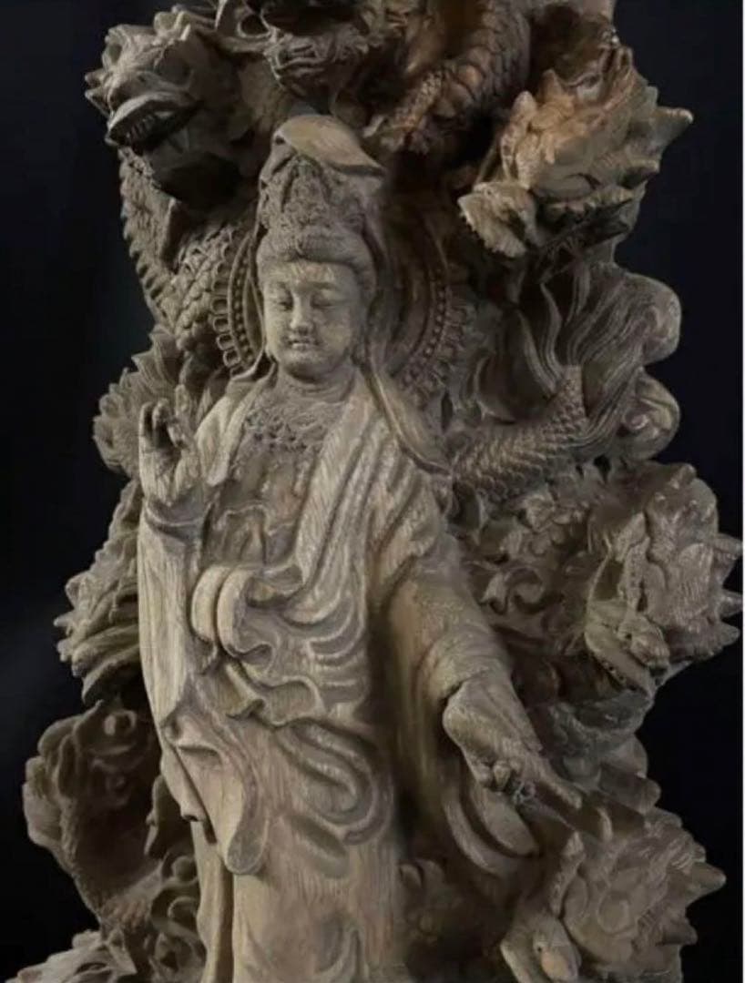 大型　高37cm 仏教工芸品　総楠製　井波彫刻　一刀彫　極上彫　九龍観音菩薩立像