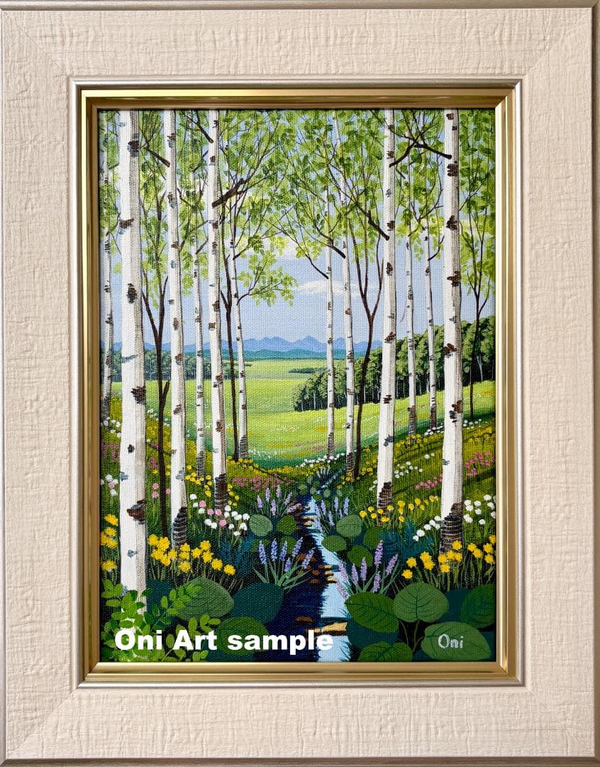 アクリル画　原画　「野花の咲くフィールド05」額縁付き　F4サイズ　風景画