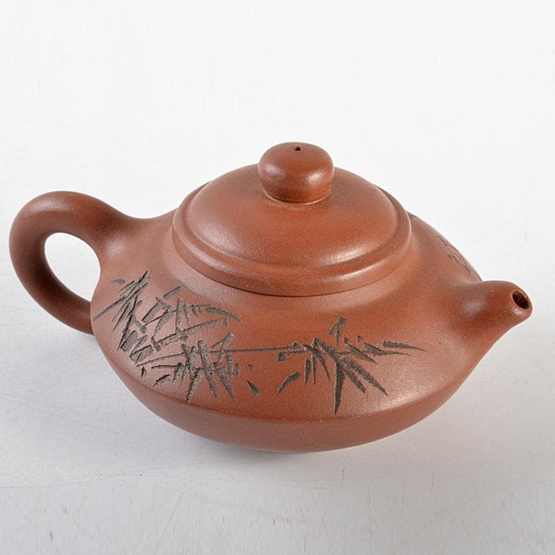 中国　荊渓恵孟臣製　 紫砂　朱泥　漢詩竹文　急須　茶壷　M　R5858