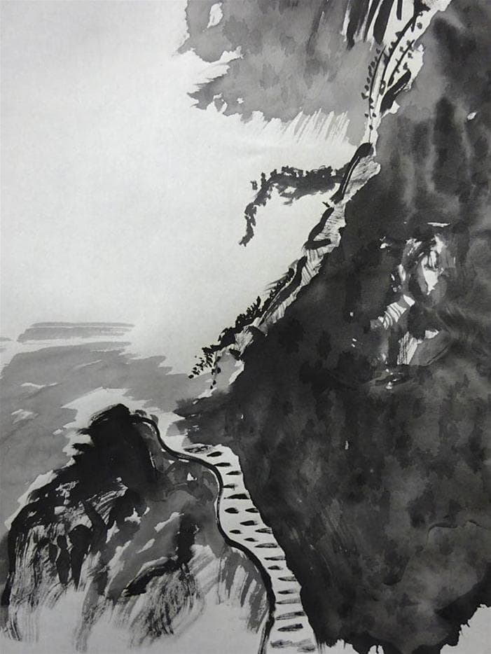 掛軸 柳石『阿蘇山 水墨山水画』絹本 肉筆 共箱付 掛け軸 p051801