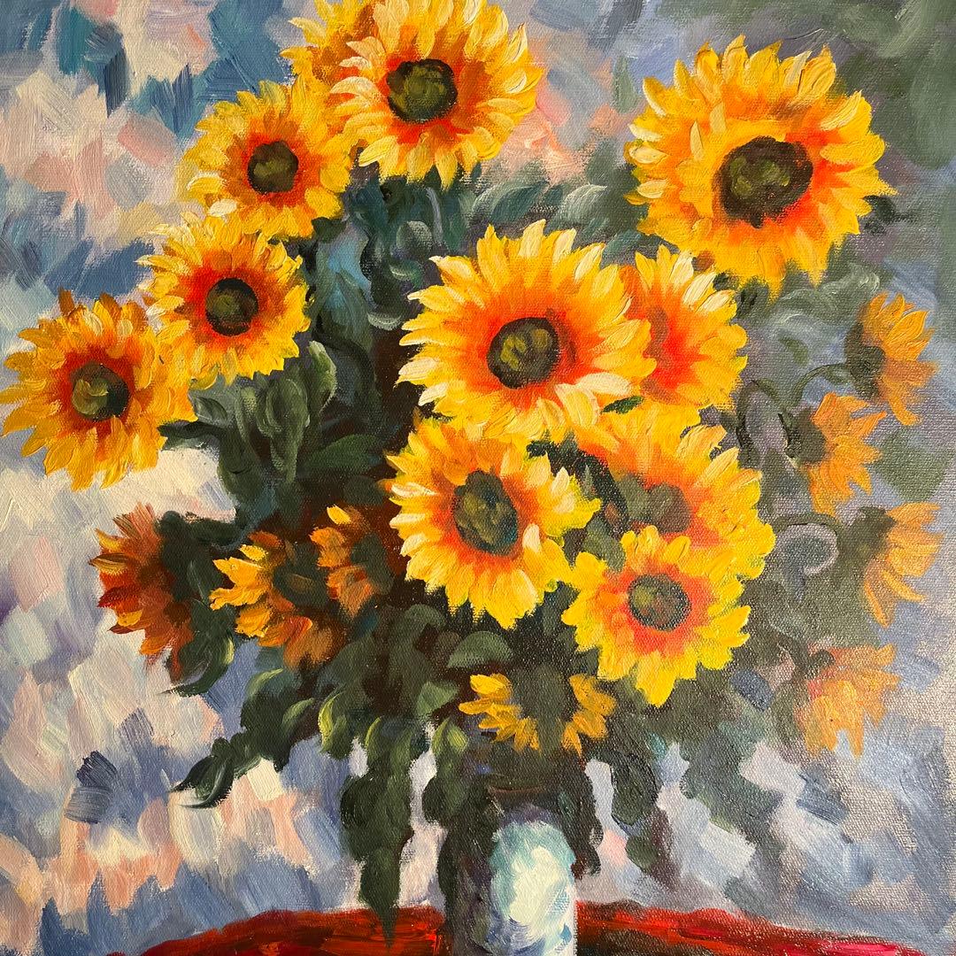 ★秀作★ 手書き油絵 花瓶のひまわり 肉筆絵画 額付き インテリア 油彩画