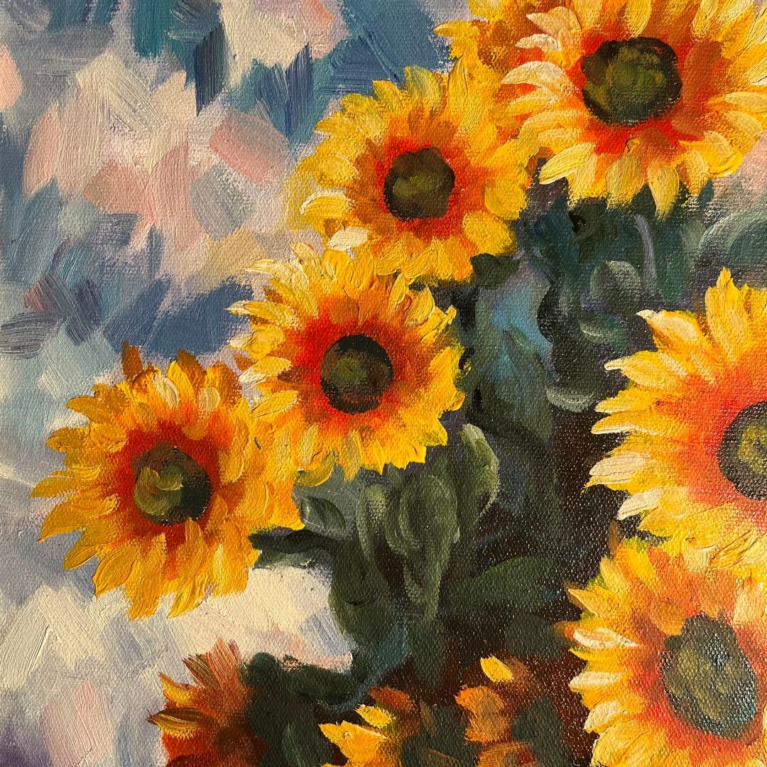 ★秀作★ 手書き油絵 花瓶のひまわり 肉筆絵画 額付き インテリア 油彩画