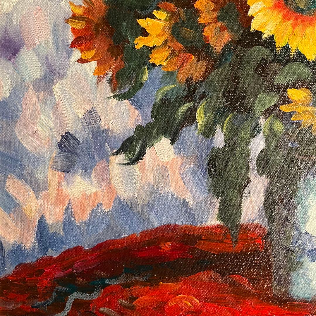 ★秀作★ 手書き油絵 花瓶のひまわり 肉筆絵画 額付き インテリア 油彩画