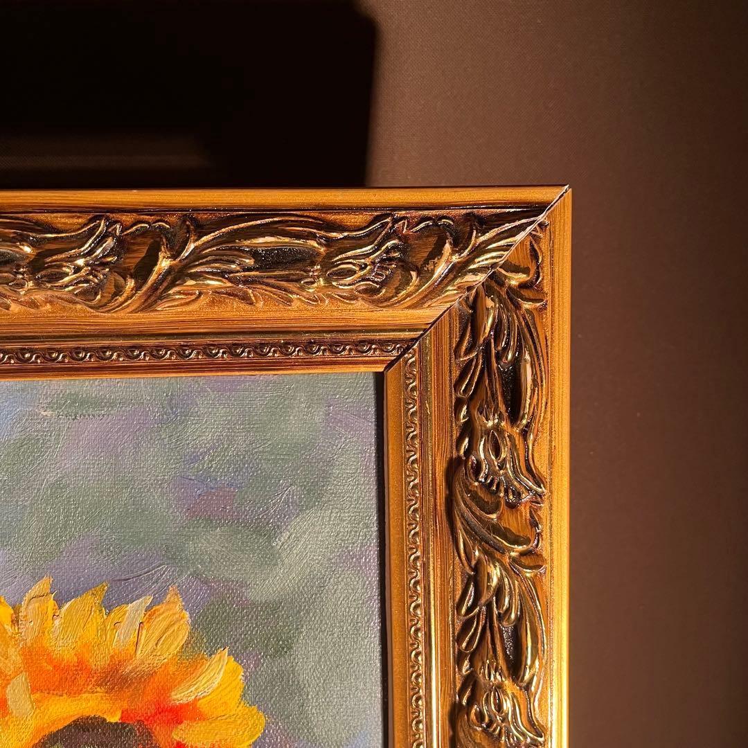 ★秀作★ 手書き油絵 花瓶のひまわり 肉筆絵画 額付き インテリア 油彩画