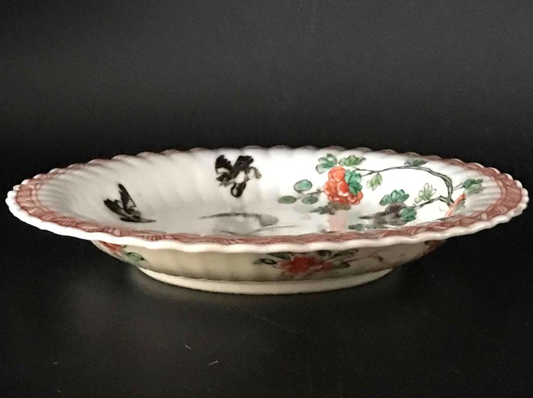 中国古美術　清康煕時代　花模様銘入り　粉彩花鳥紋皿　旧家コレクション(A-10)