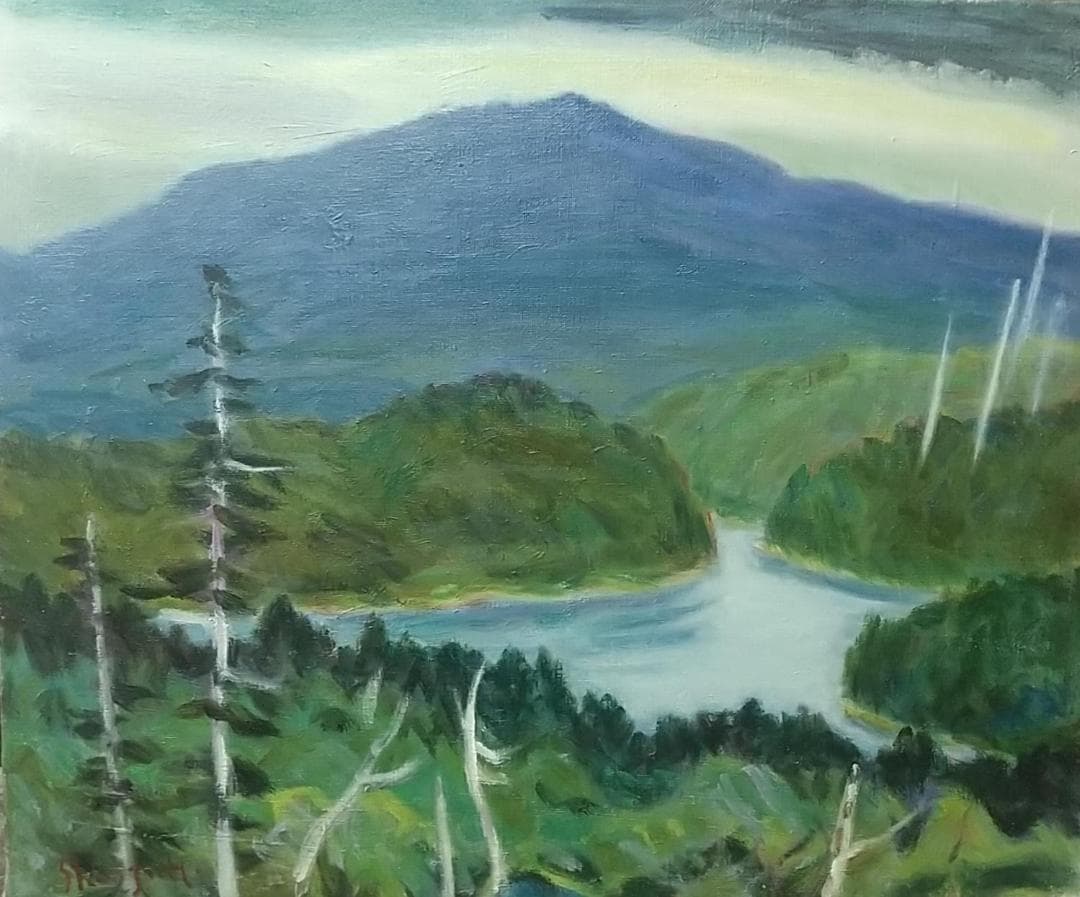 「雨の山湖」絵画 油絵 F8