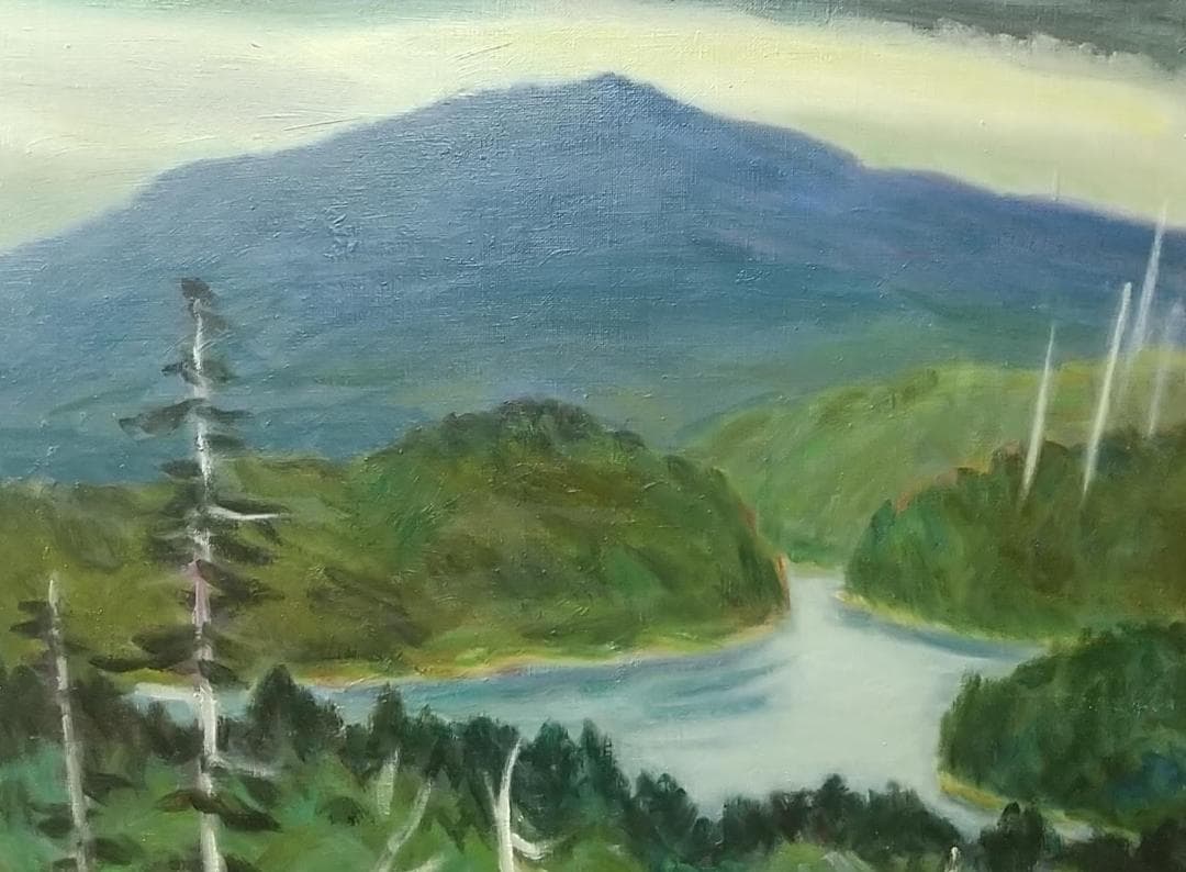 「雨の山湖」絵画 油絵 F8