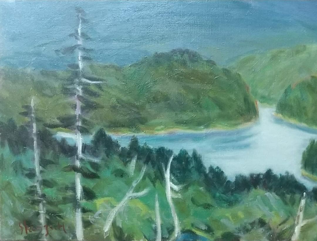 「雨の山湖」絵画 油絵 F8