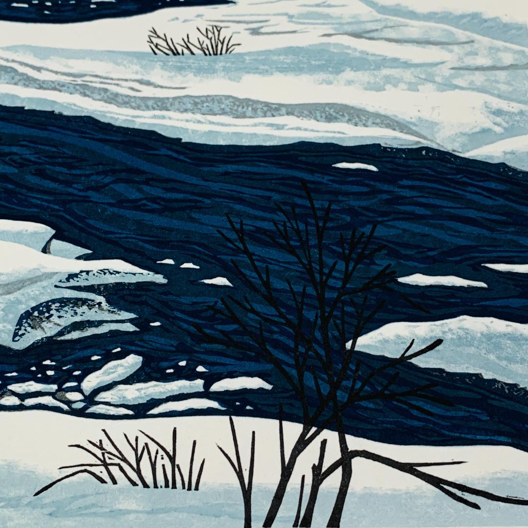 真作保証 中野章 『冬の川』 木版画 額装 直筆 サイン入 A.P. 限定 絵画