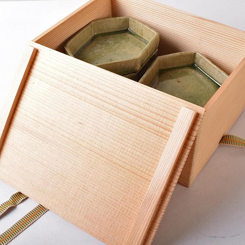 瀬戸焼　鼎窯　加藤春鼎　加藤孝作　灰釉　六角向付　五客　共布共箱　V　R8245