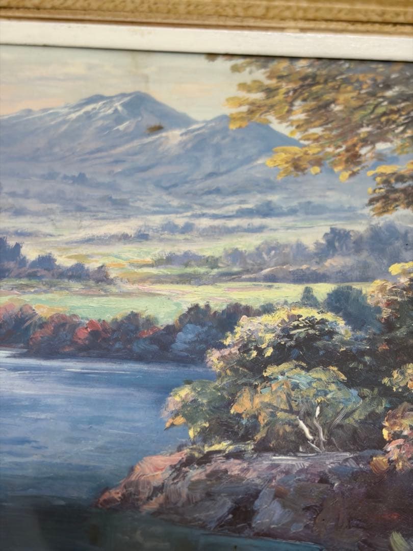 渡辺武「湖畔の森」風景画 装飾フレーム付き