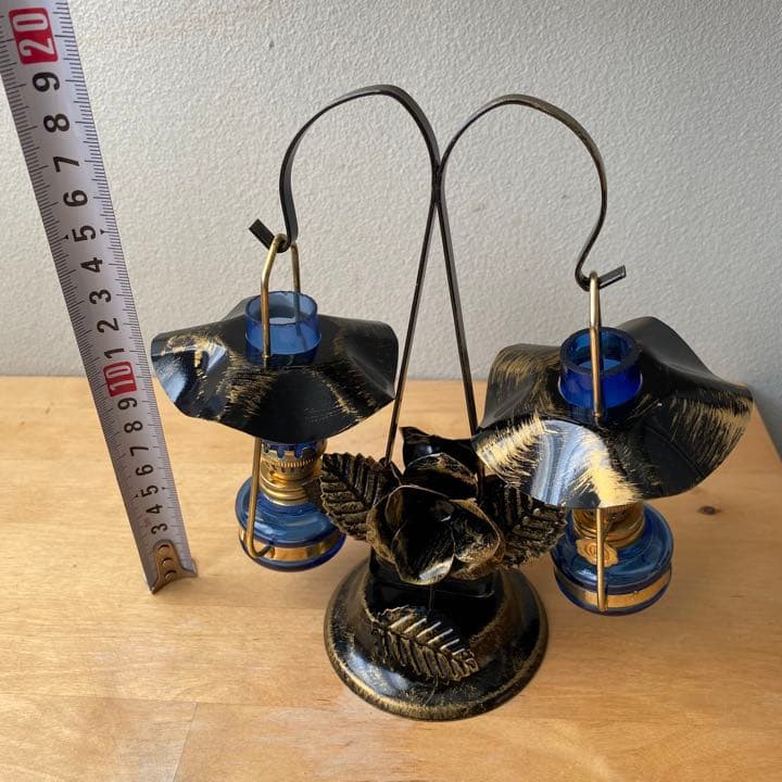 レア　オイルランプ　2個　天秤型　青　ガラス　薔薇　骨董　ランタン　年代不明